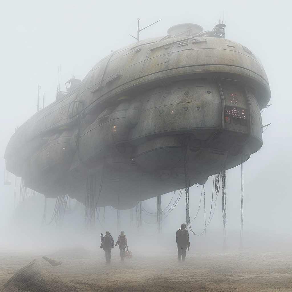 Foggy gray enemy ship floating in the air