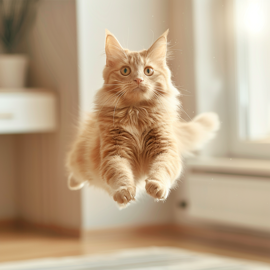 Ginger cat floating in air