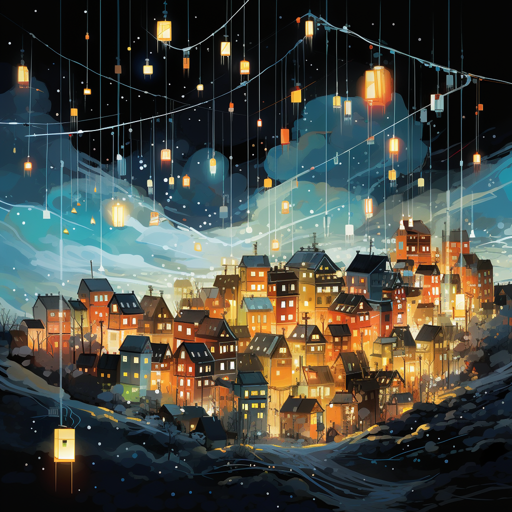 Colorful floating city lights illustration