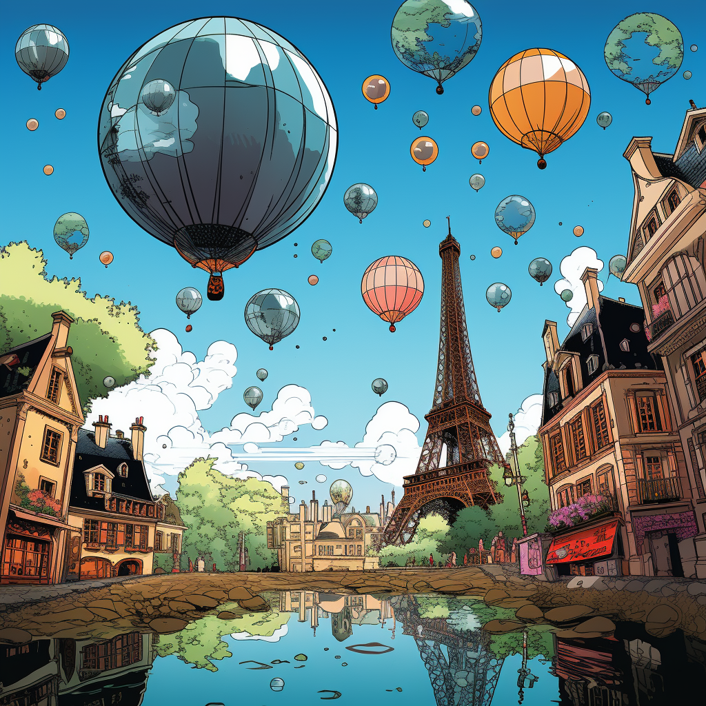 Floating globes in French comic style