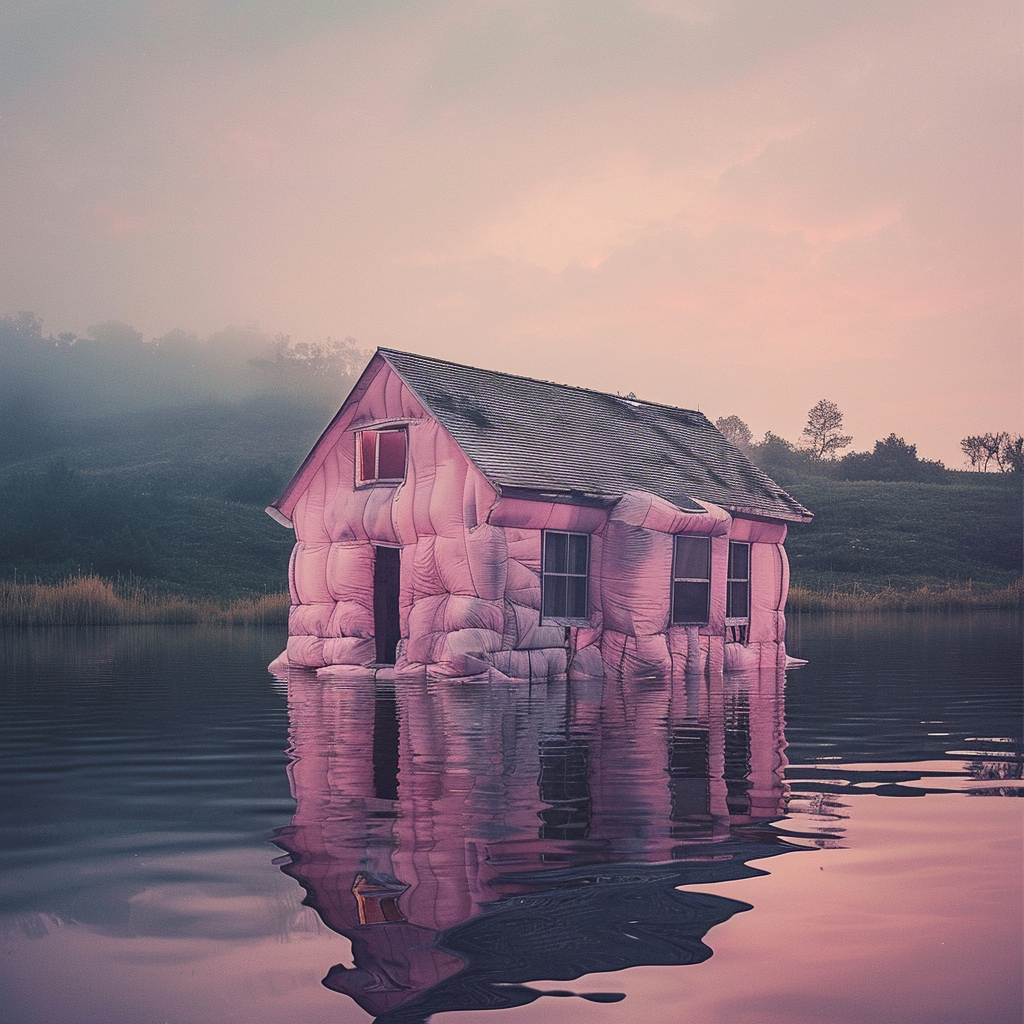 Surreal pink inflatable house floating on water