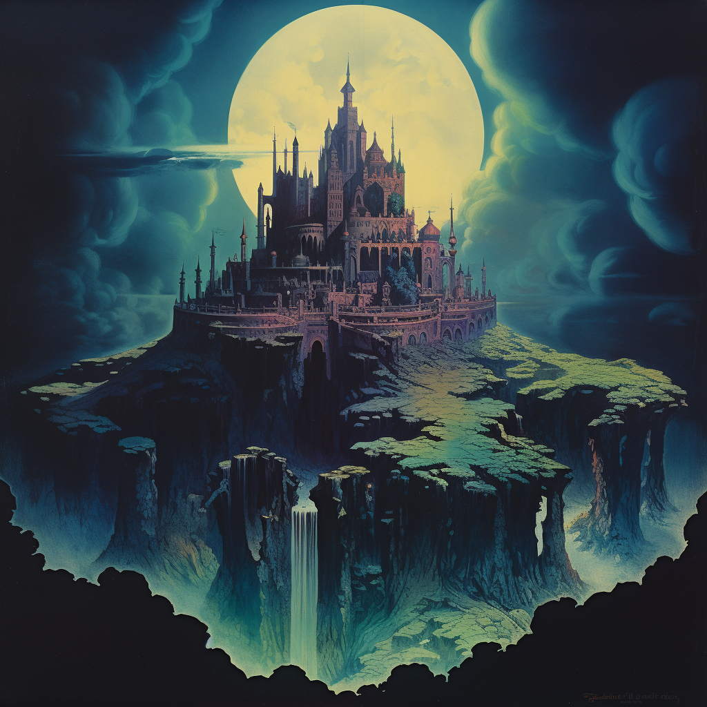 1970s dark fantasy book cover with floating island and castle