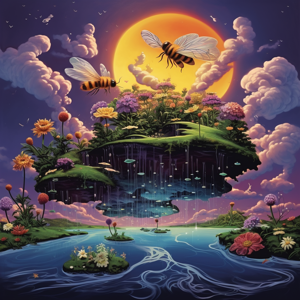 Surreal illustration of floating island with honey and bees