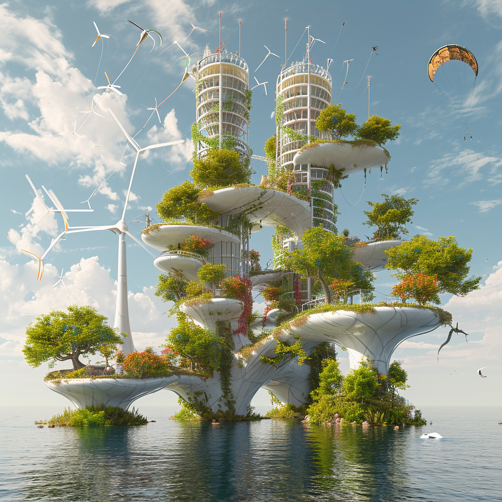 Floating Island with Kites and Wind Turbines