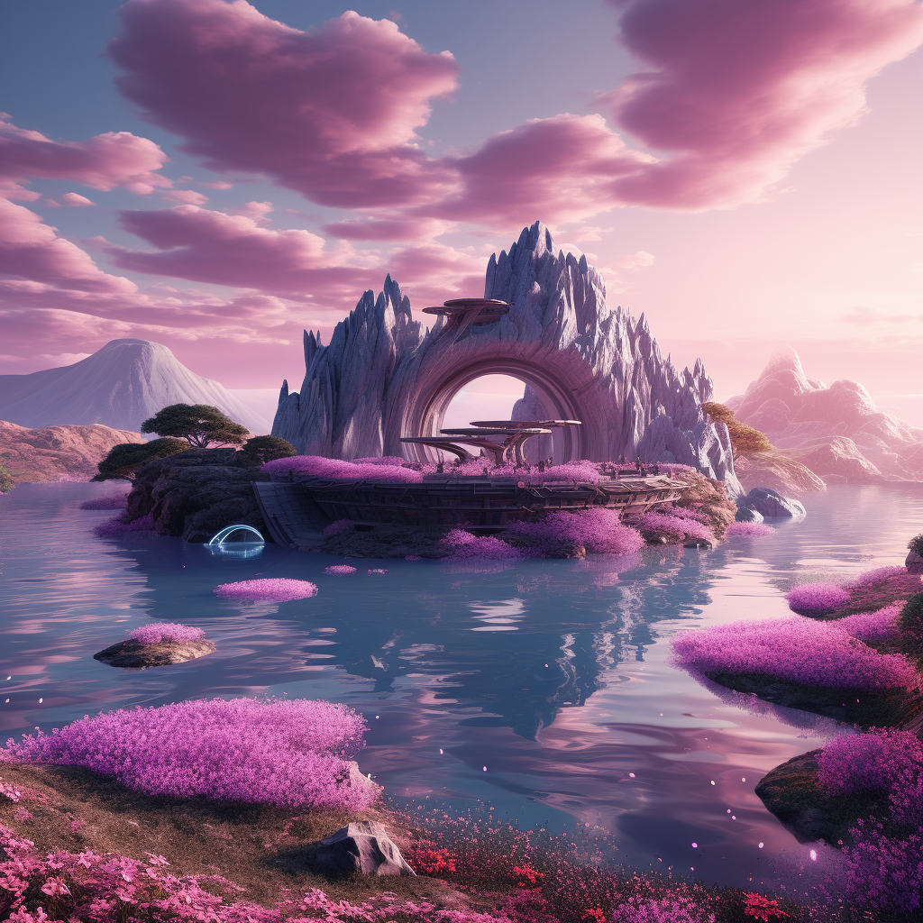 Serene floating island with purple grass, river, waterfall, and pink sky