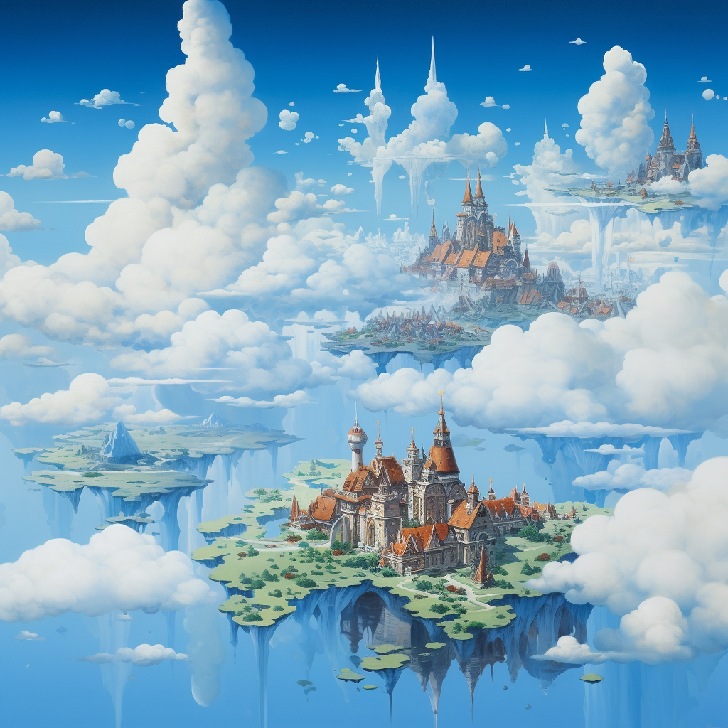 Aerial view of breathtaking floating landmasses with castles and villages