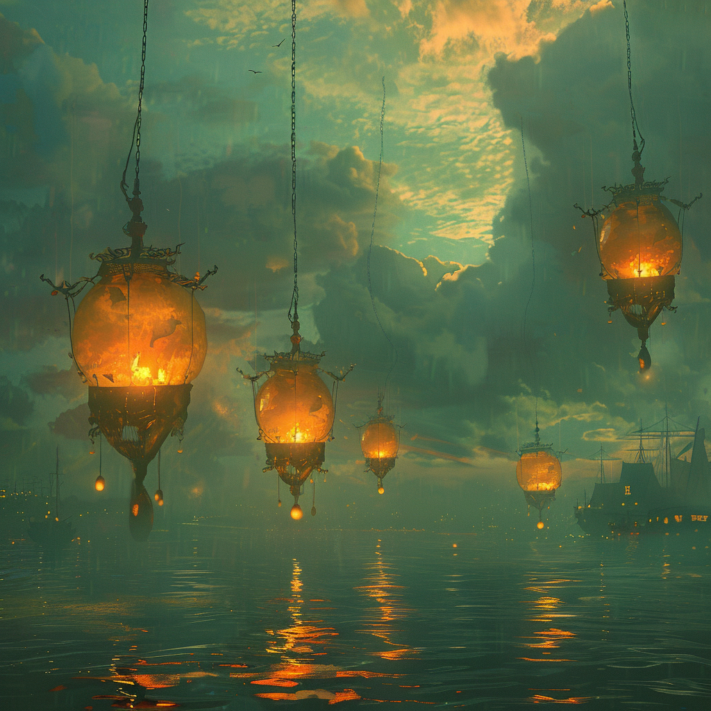 Lanterns floating in night sky