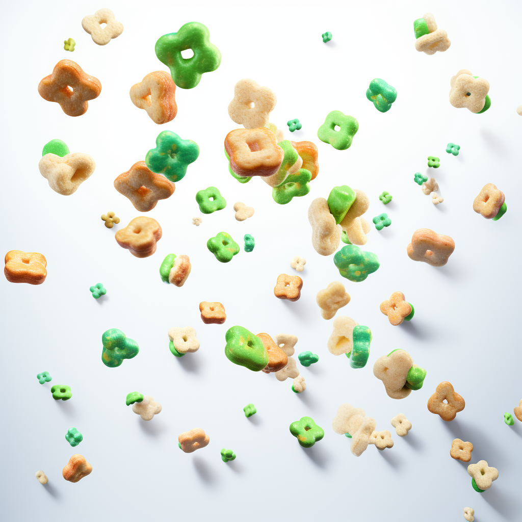 Floating lucky charms on white background