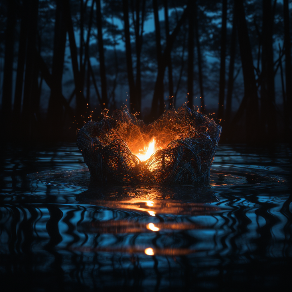 Melting heart-shaped ice near campfire