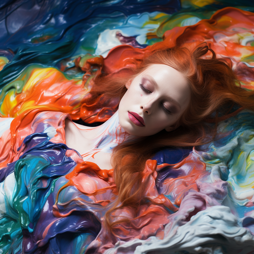 Hyperealistic floating model in colorful paint