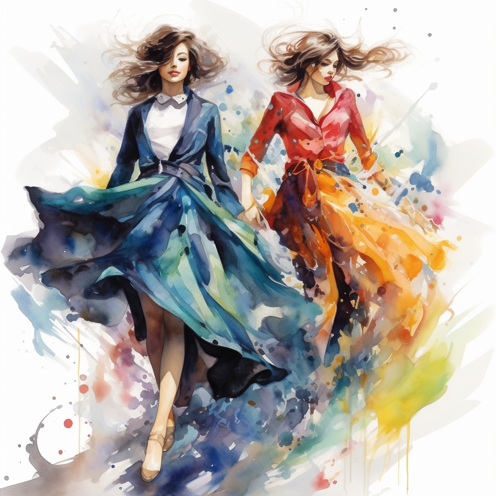 Colorful floating models in watercolor painting