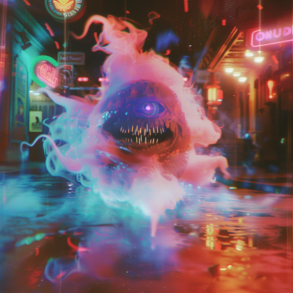 Floating monster in vintage movie scene