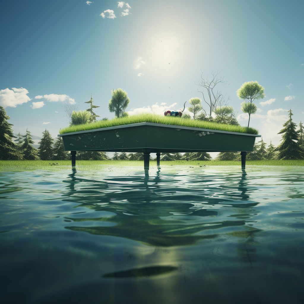 Floating pool table on green grass