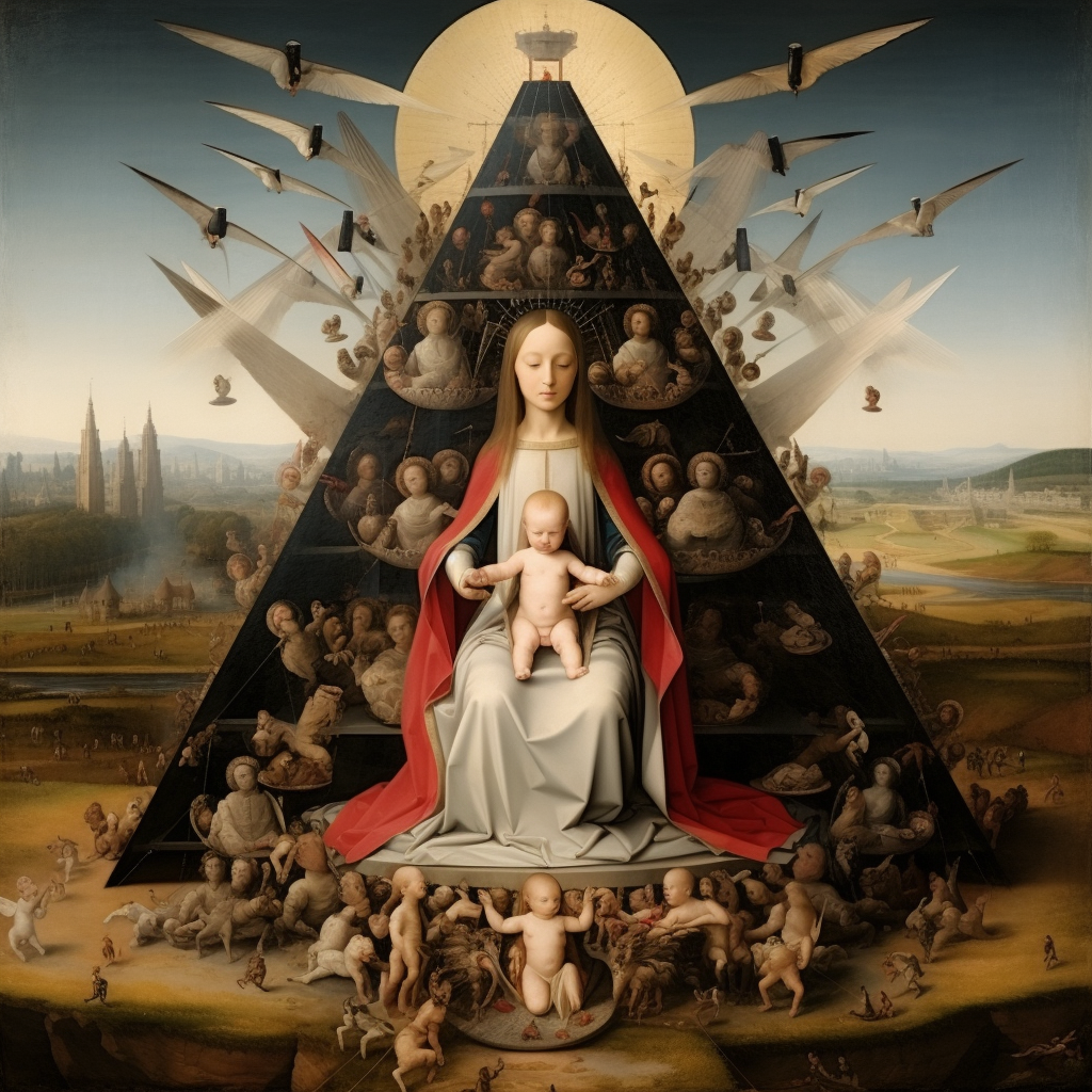 Pyramid floating with Madonna, Child, and Angels