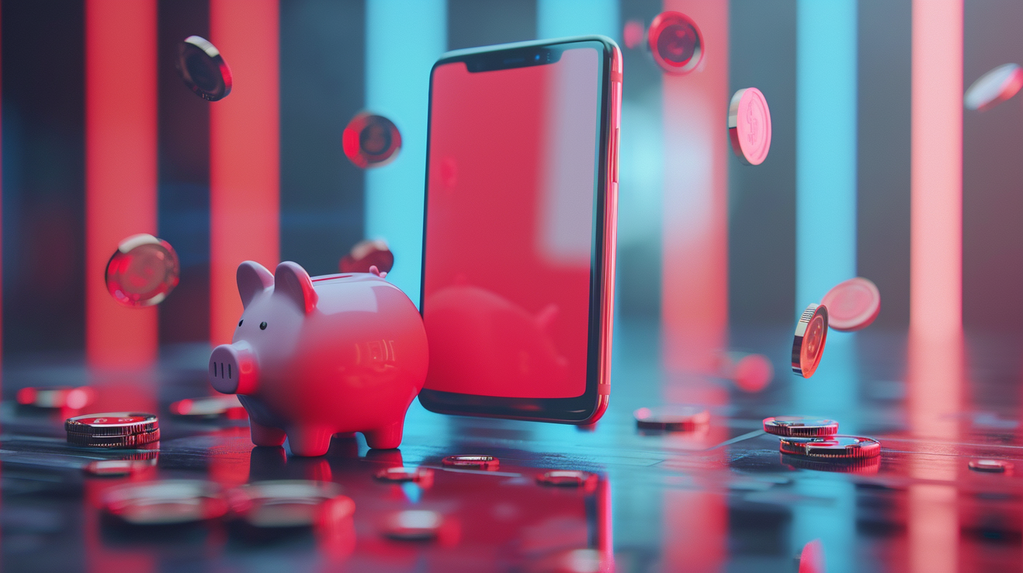 Floating red phone with piggy bank