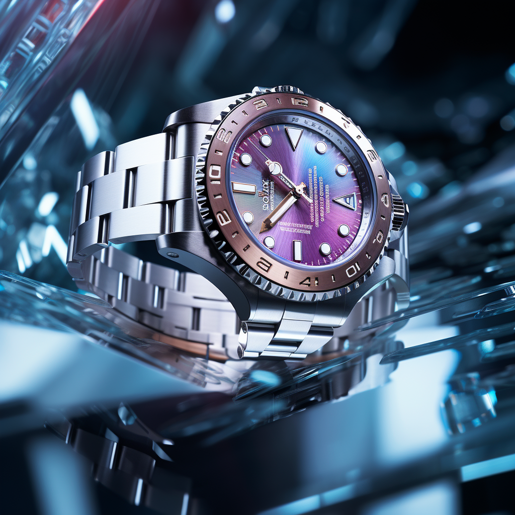 Translucent Rolex floating in air with reflective galaxy background