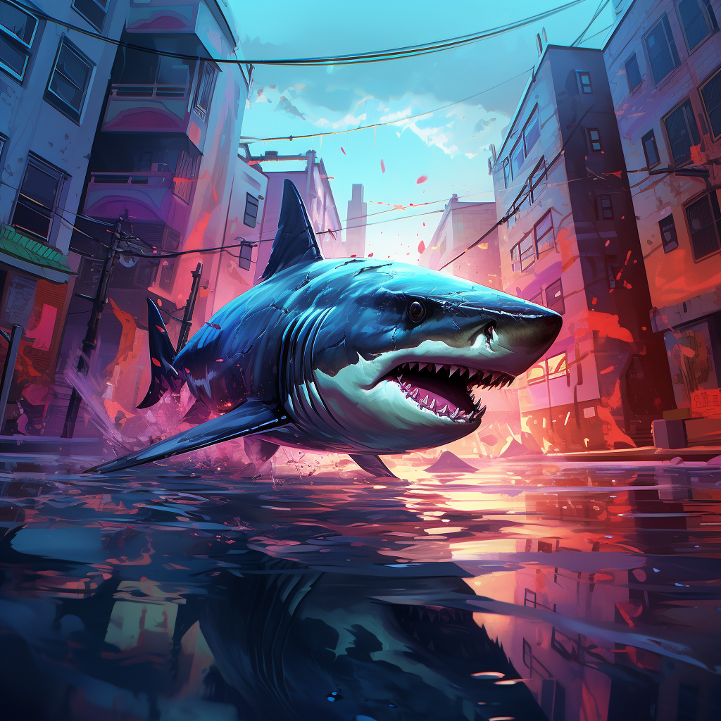 Vibrant floating shark on urban street at midnight