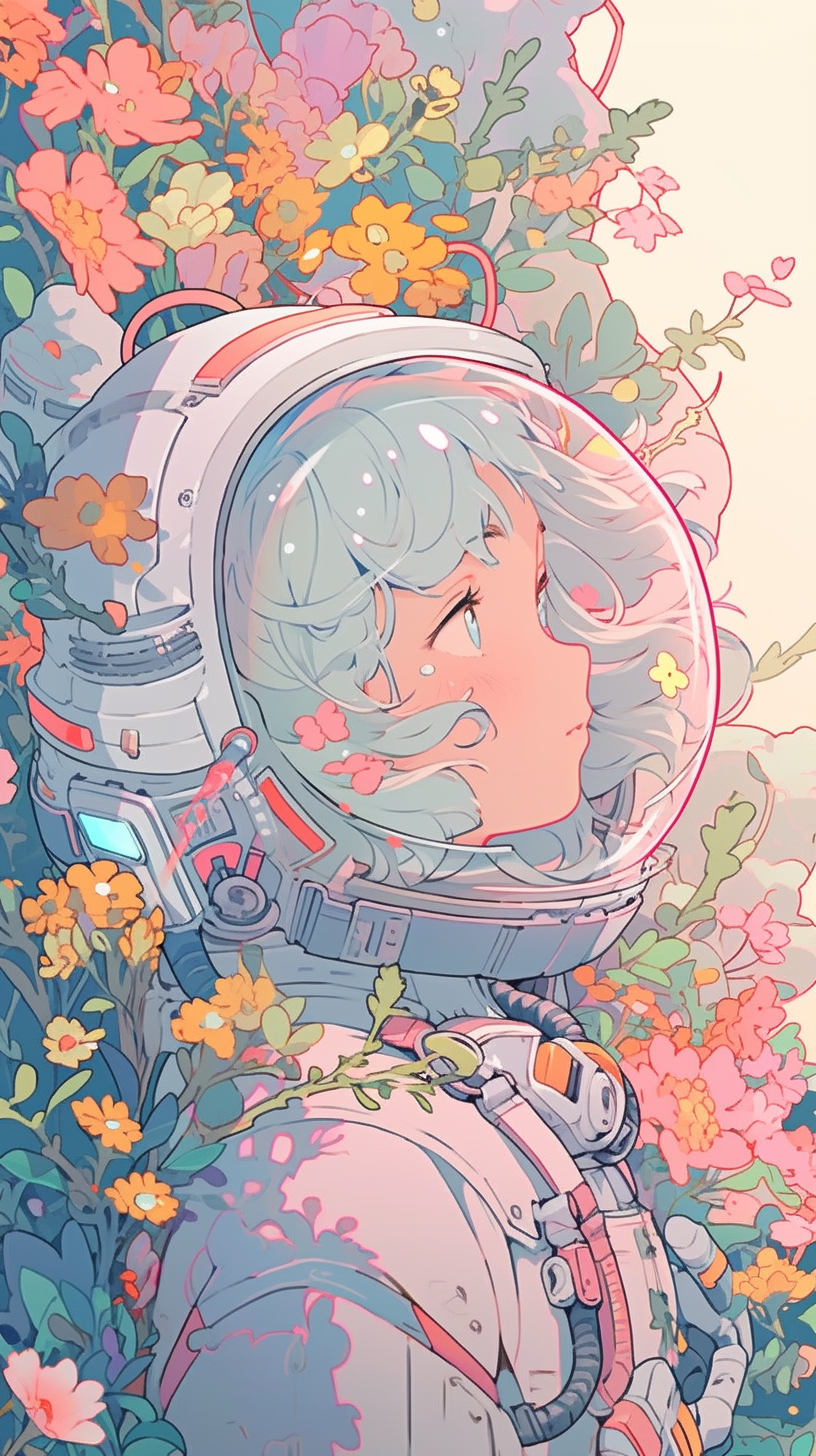 Stunning anime girl in floating space with flowers