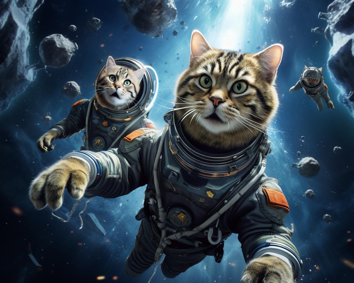 Tabby and Black Cats Floating in Space