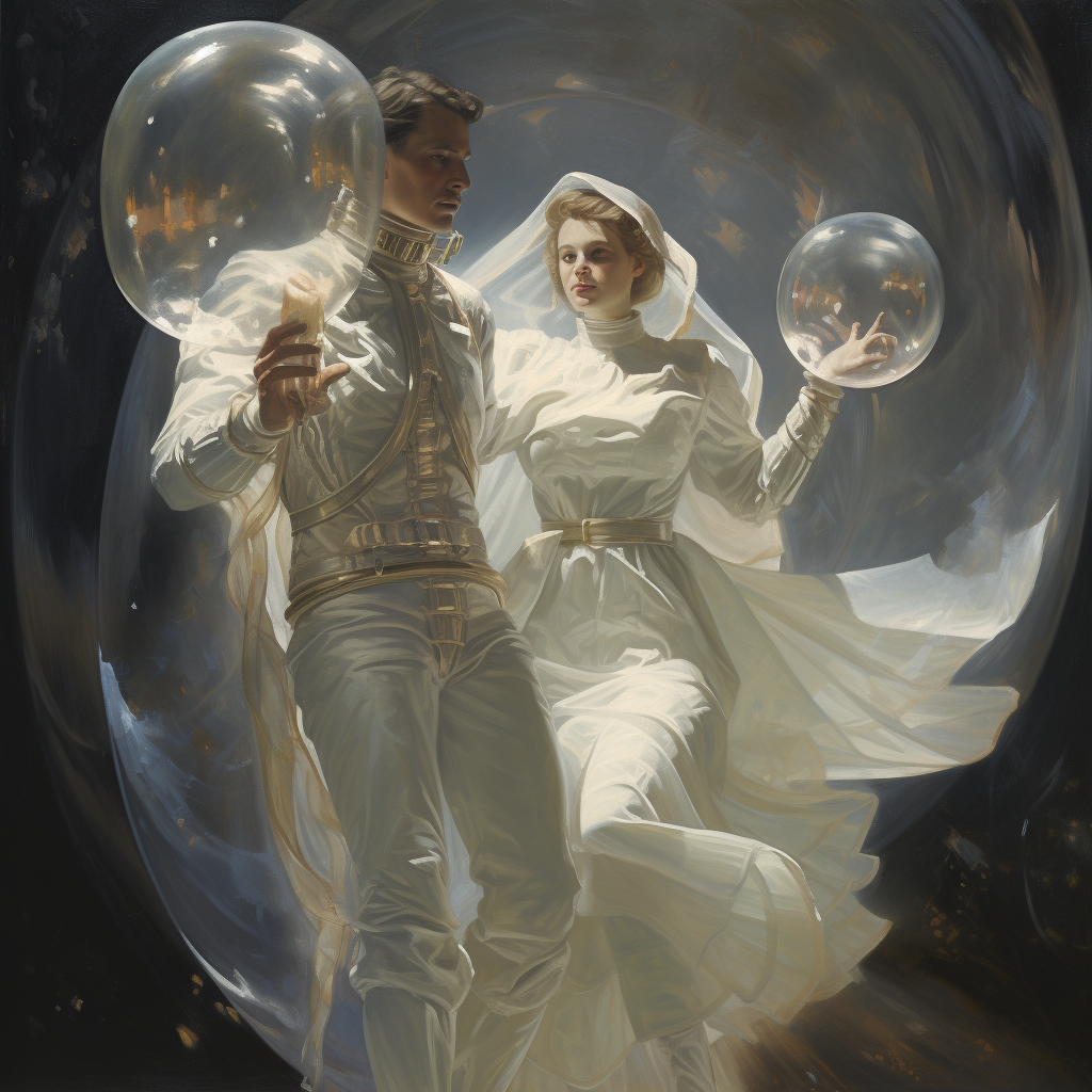 Man and woman floating in space