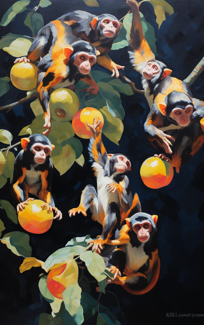 Playful squirrel monkeys floating gracefully with bold colors