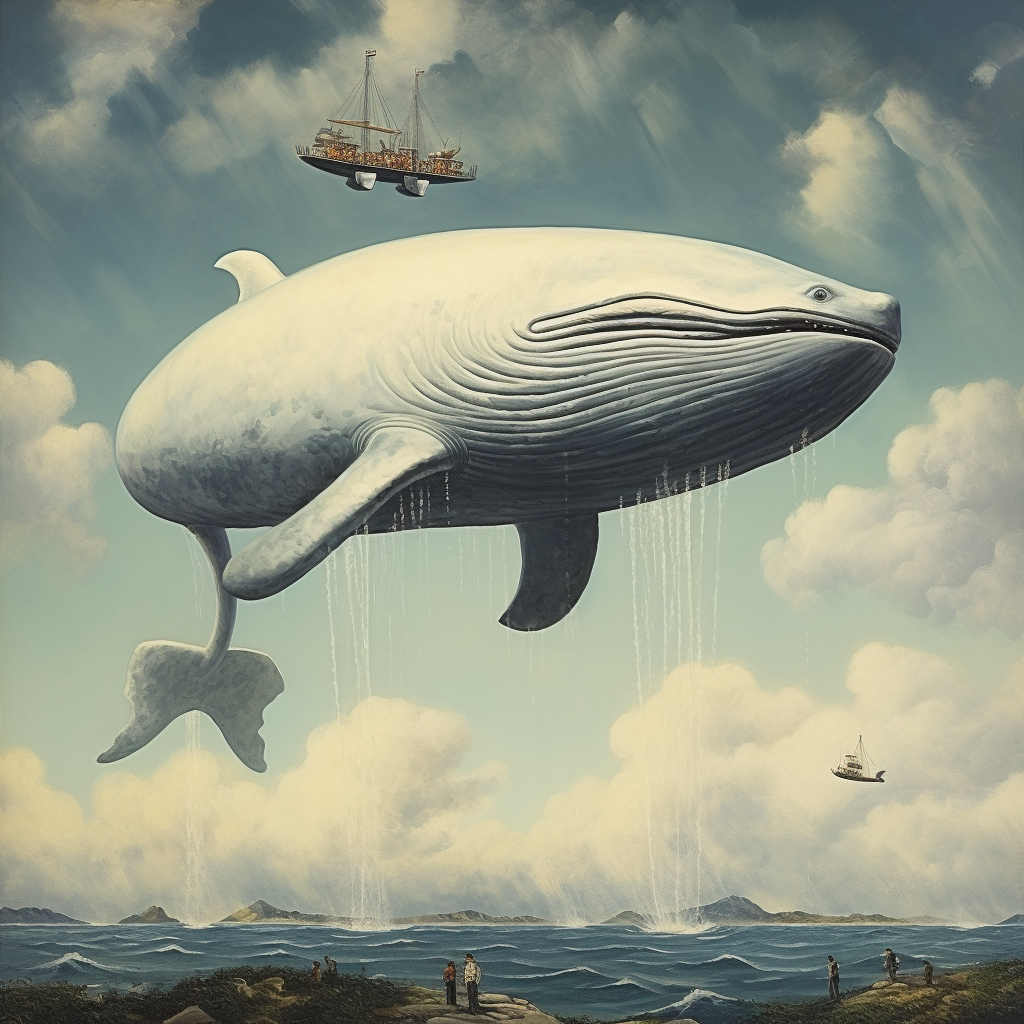 Artistic white whale floating in the sky