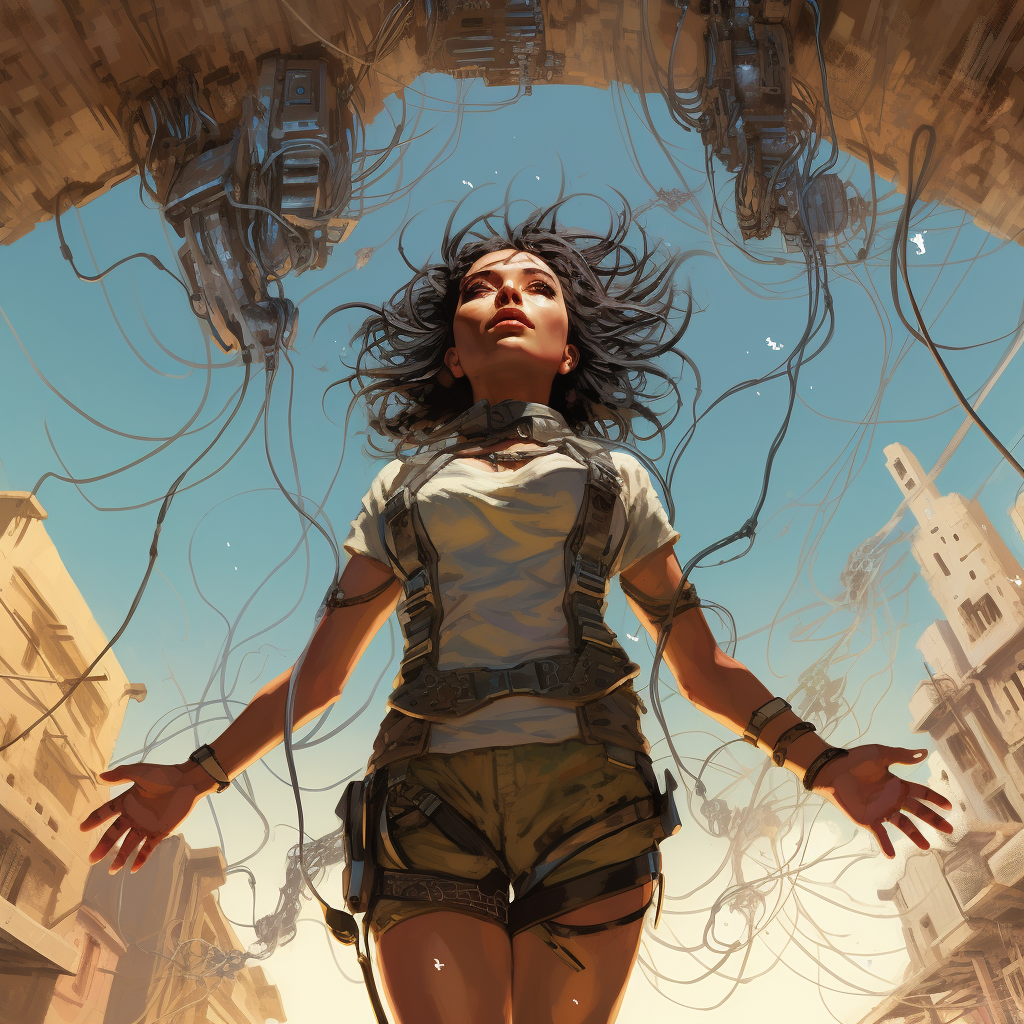 Female floating over dystopian desert with wires