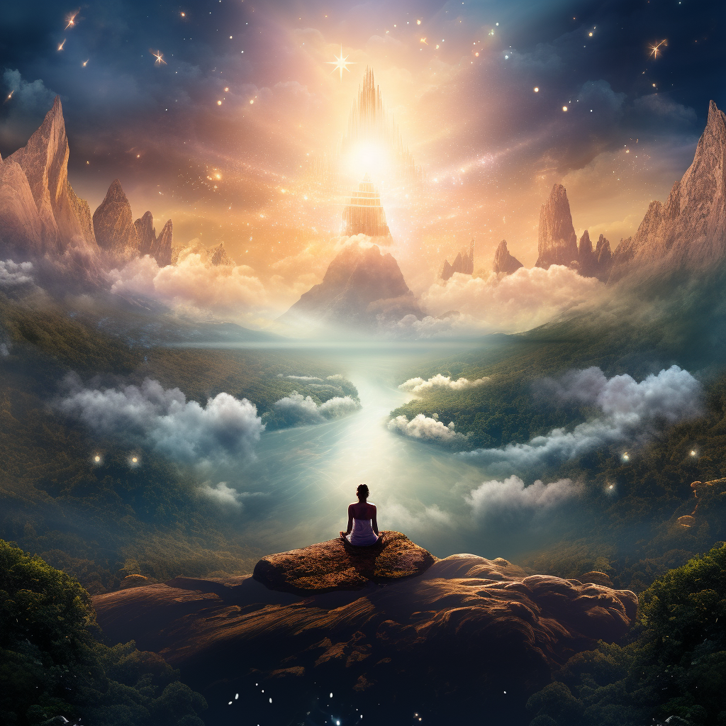 Tranquil yogi meditating in magical landscape