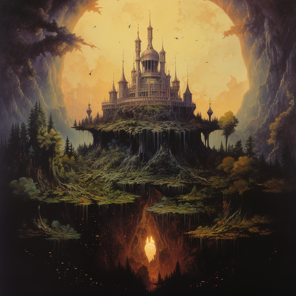 Dark fantasy book cover with floating island