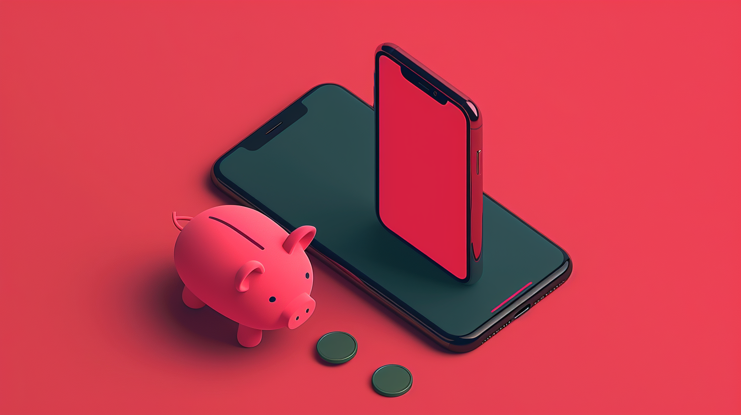 Red phone floating with piggy bank and coins