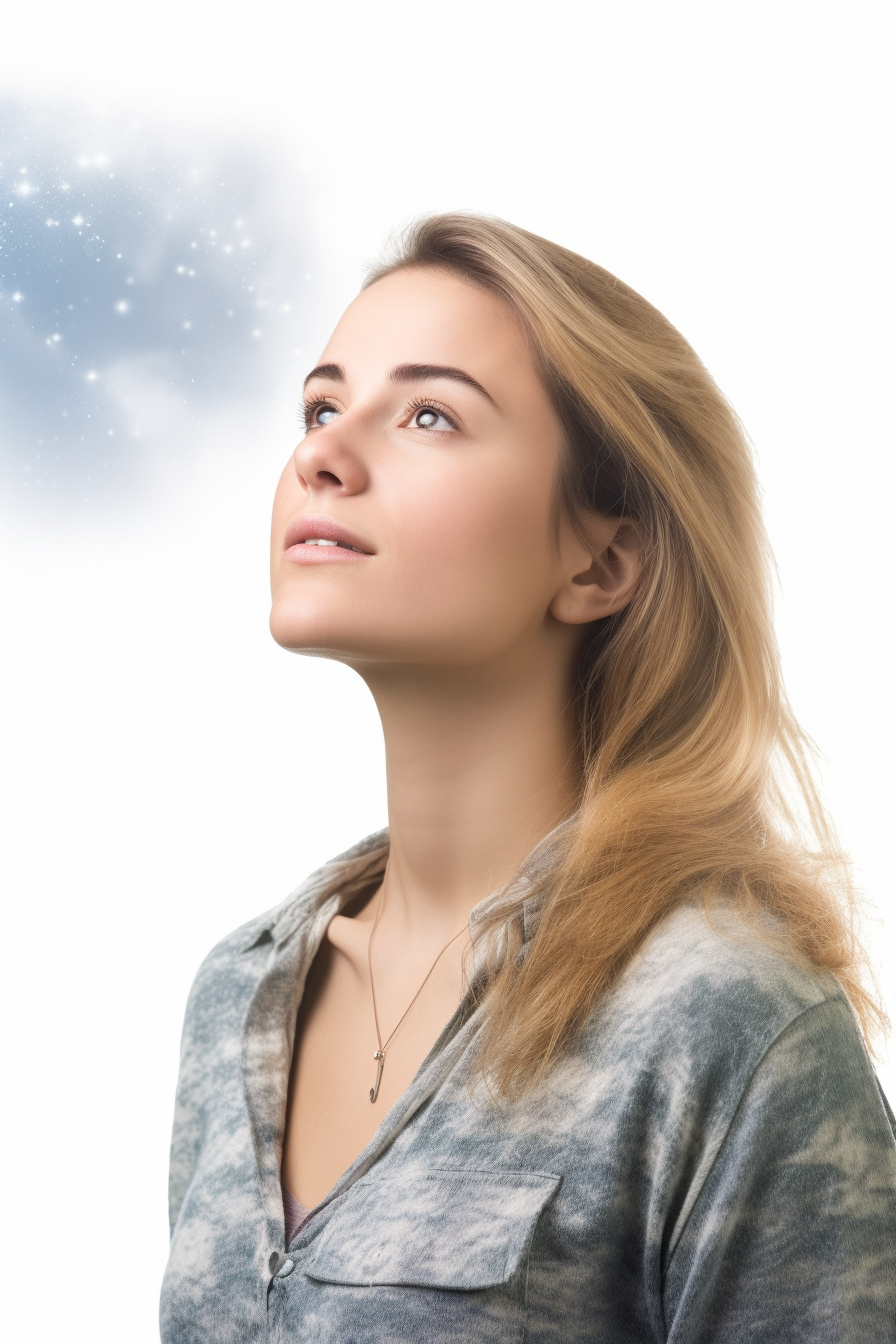 Realistic Woman Floating in Air, Gazing at the Sky