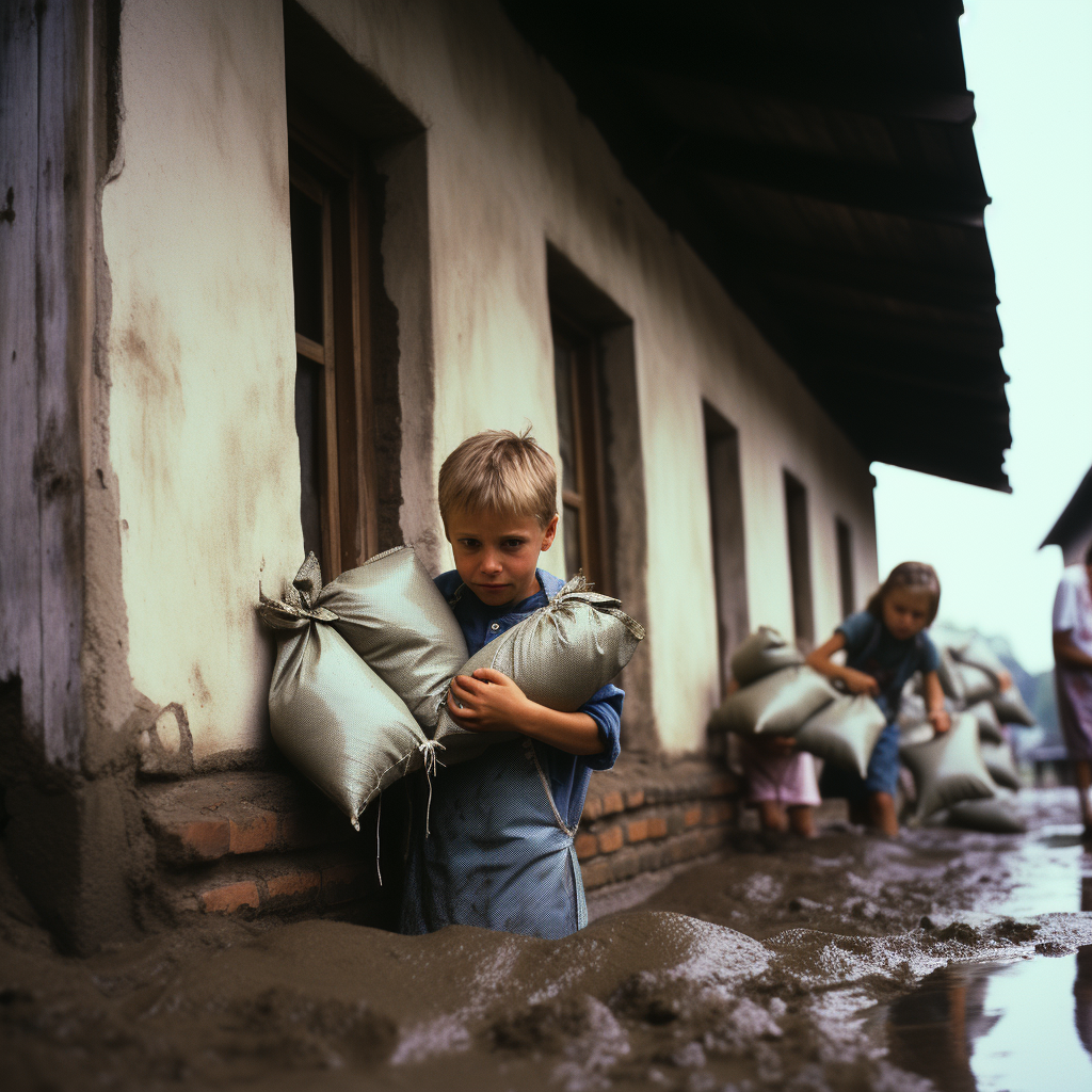 Blond Kids Using Sandbags for Flood Protection