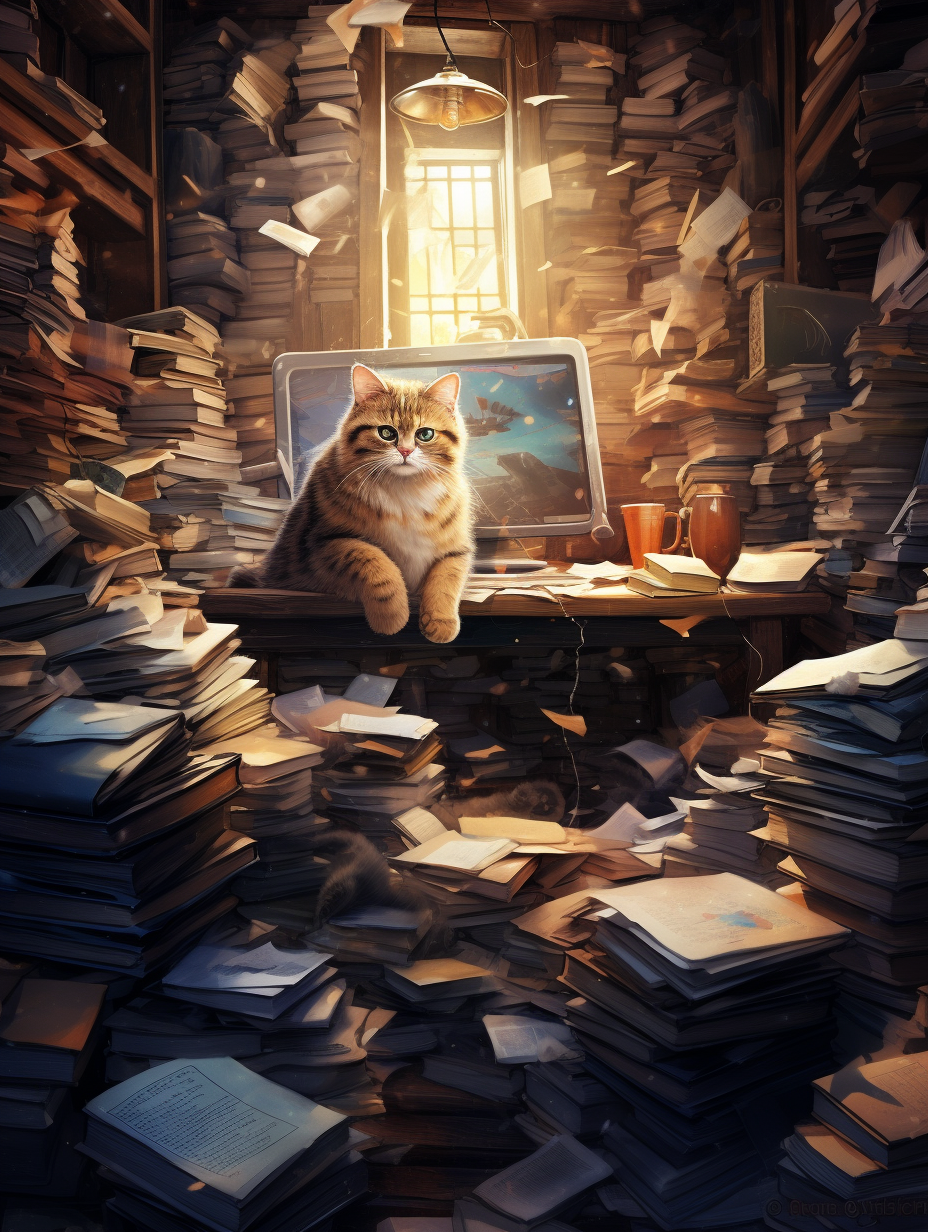 Person surrounded by books and cats