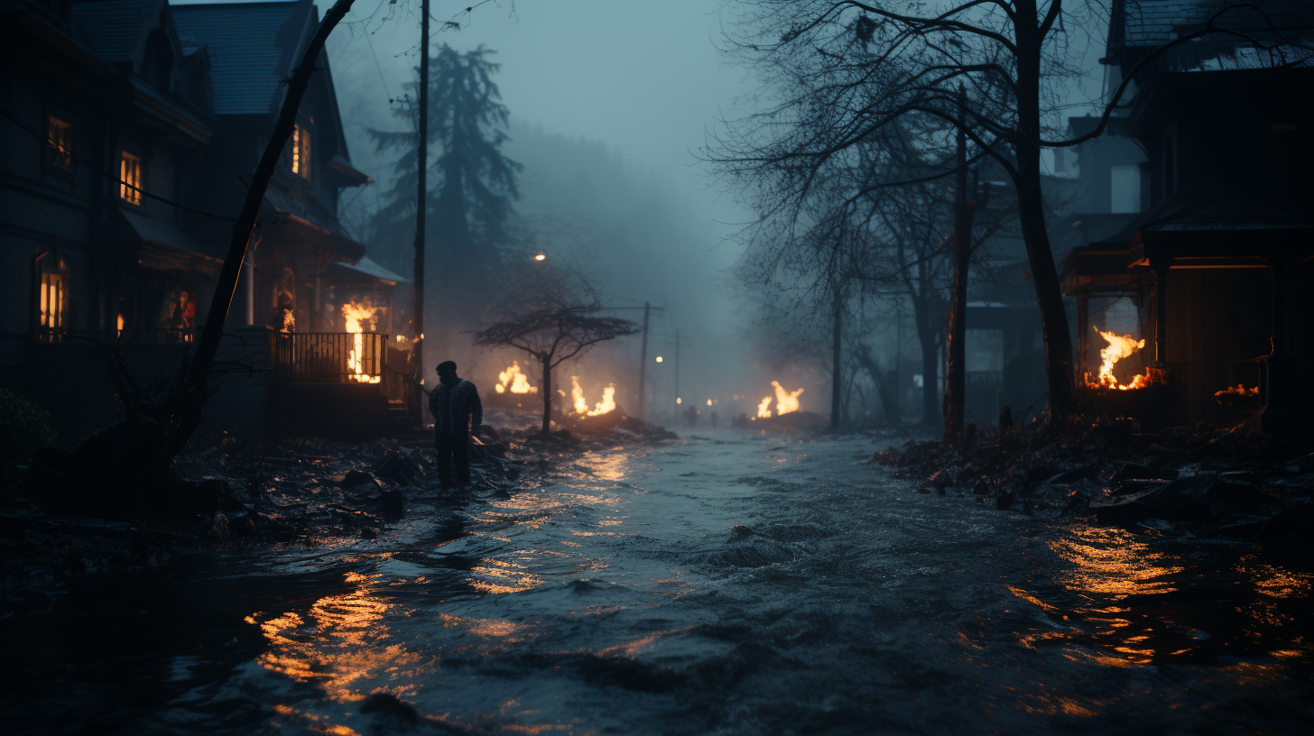 Image of a flooded city with destroyed houses and overturned cars