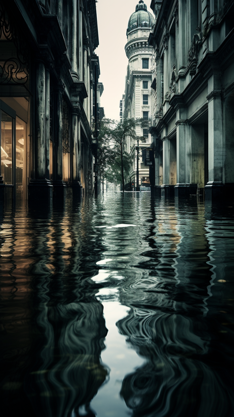 Image of flooded city floor with reflections