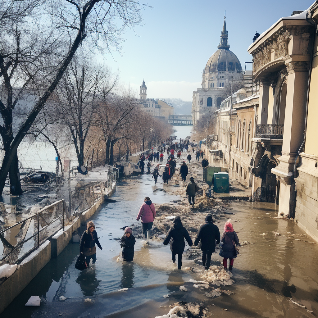 Flooded quay in Budapest Winter