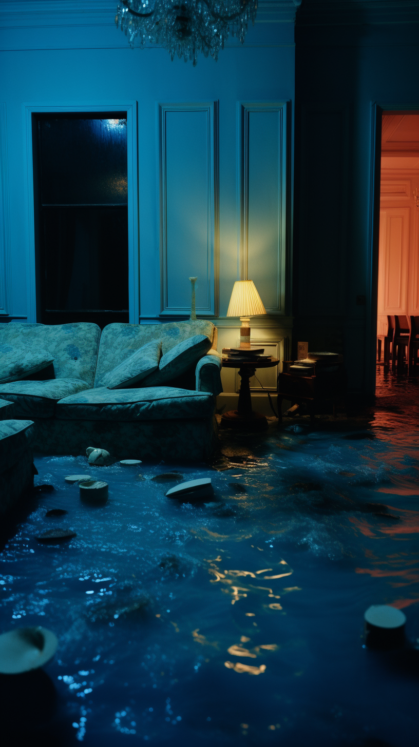 Water overflowing into retro room with sinking furniture