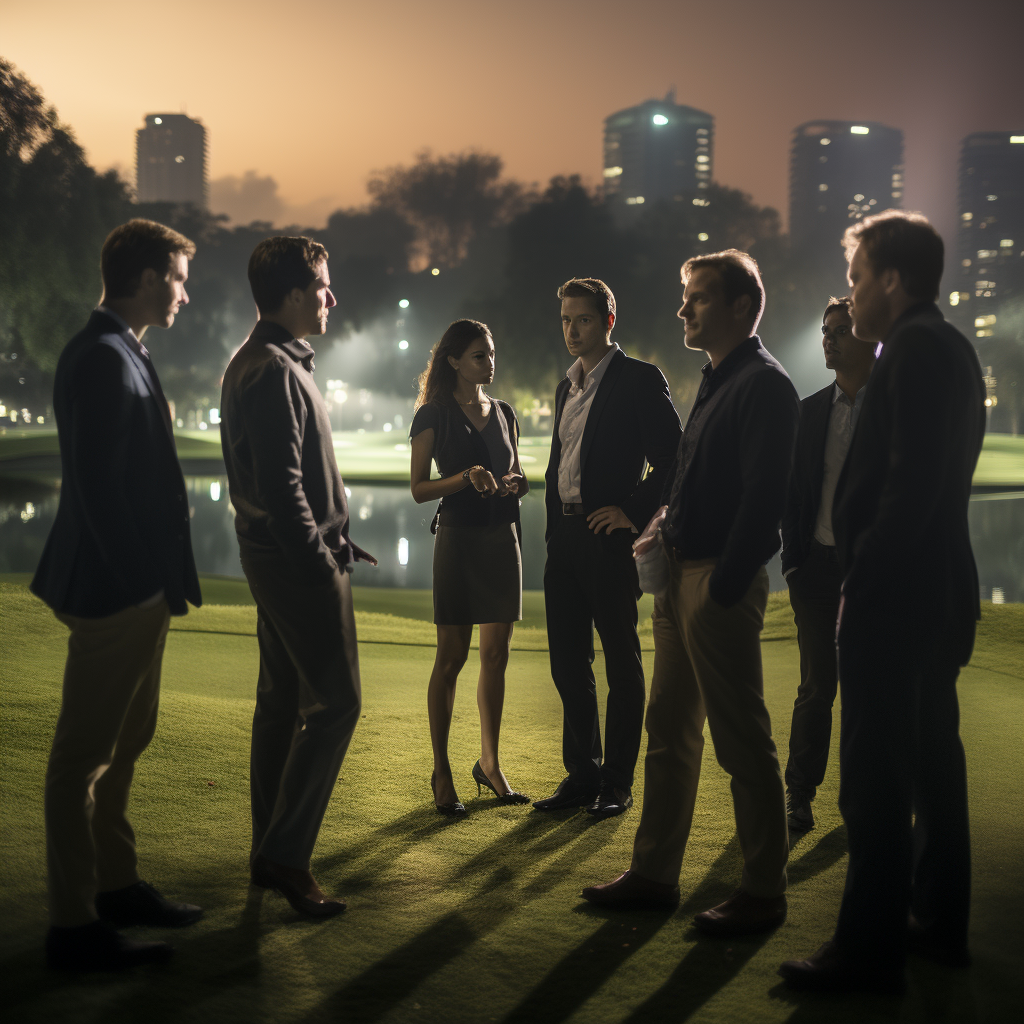 People standing on floodlit golf course