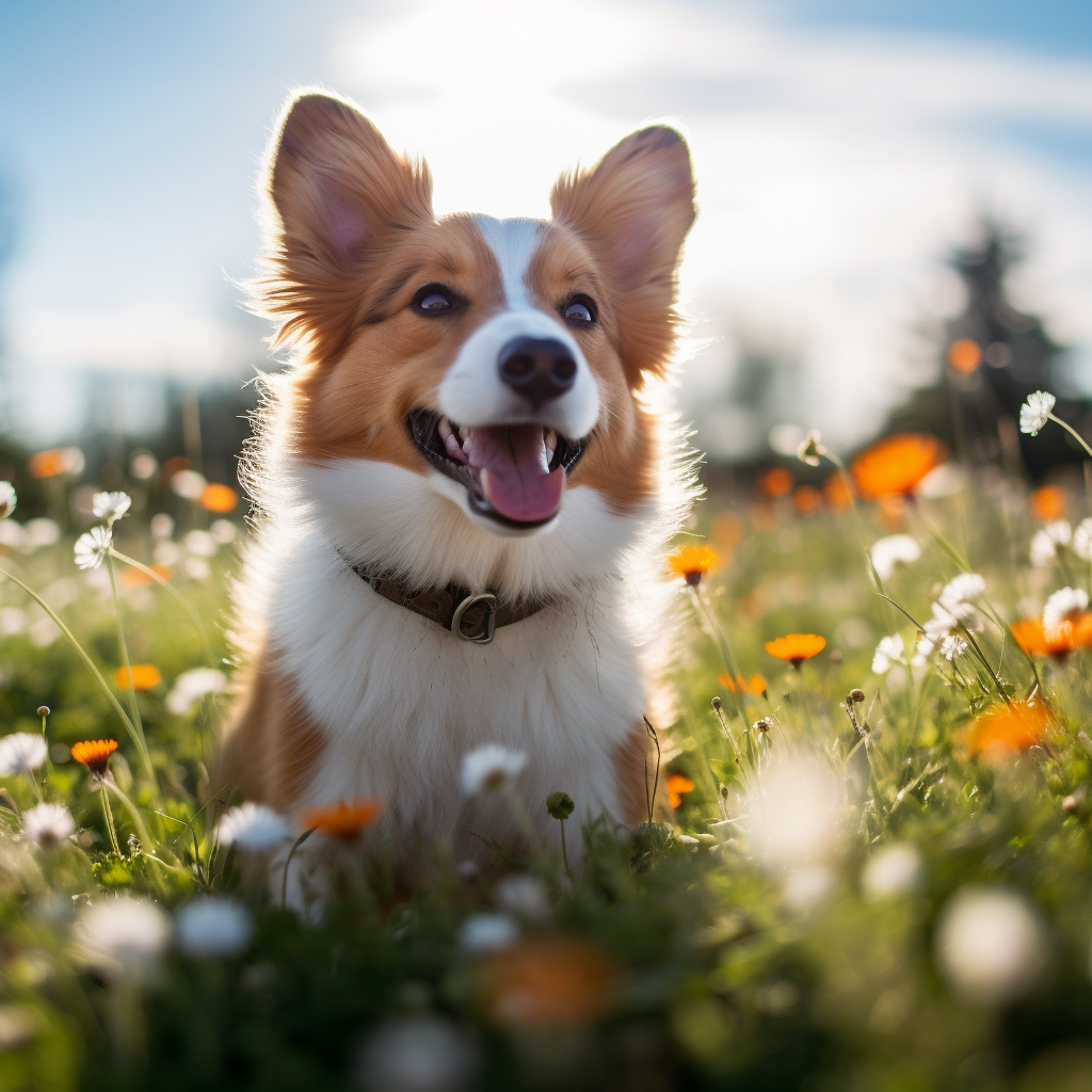 Energetic floppy ear Corgi with orange and white spots