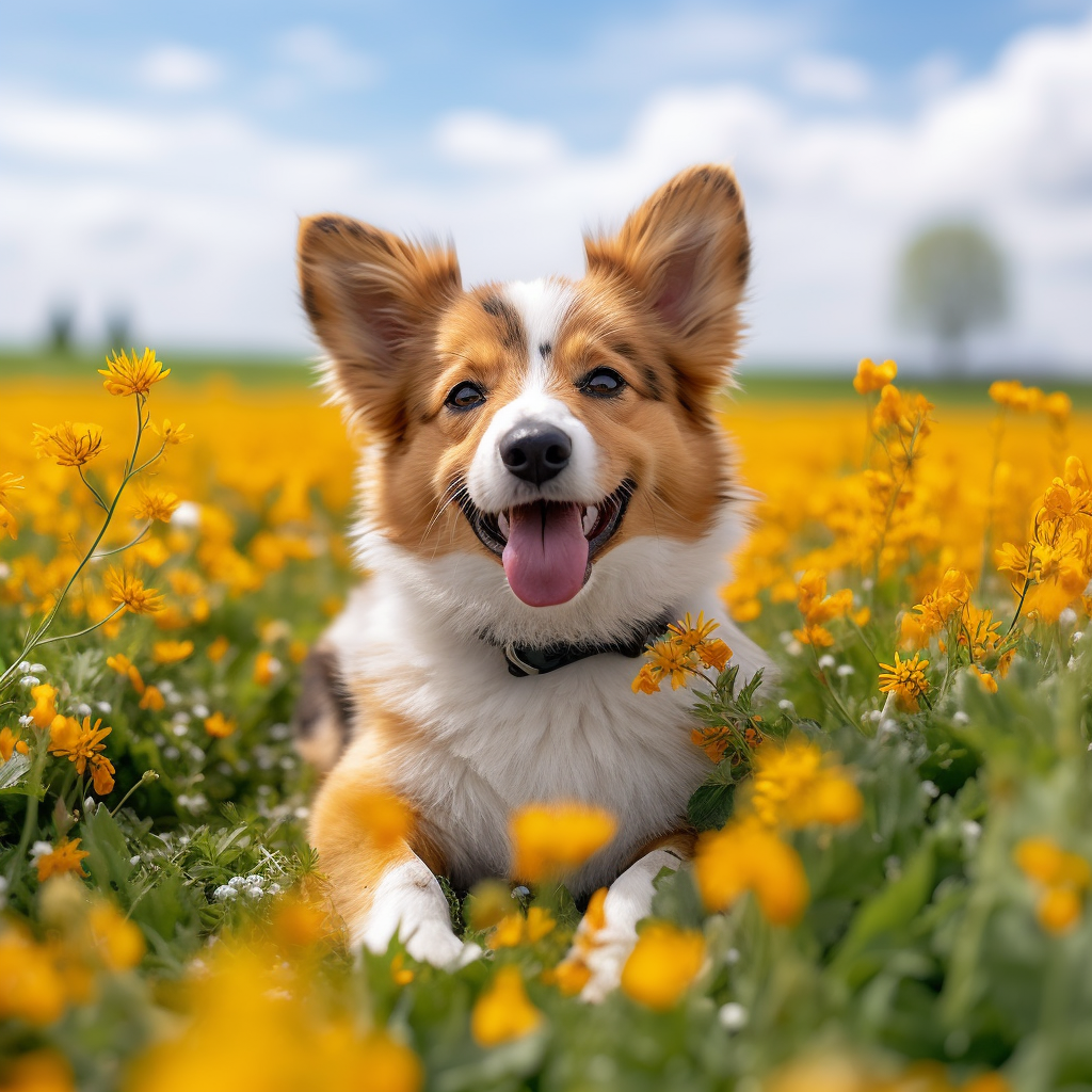 Adorable floppy ear corgi in dandelion-filled field