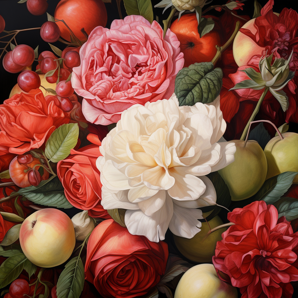 Super Close-up Floral and Apple Dutch Painting