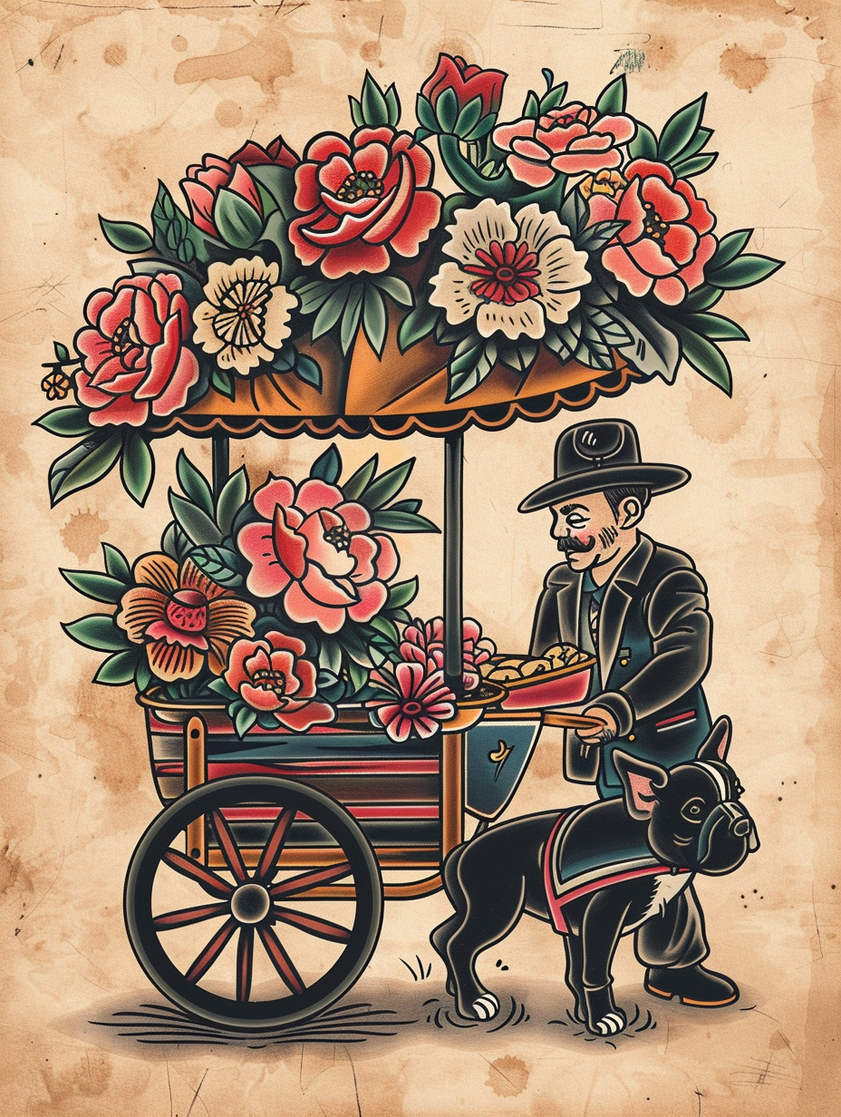 Traditional Parisian Floral Cart Bulldog