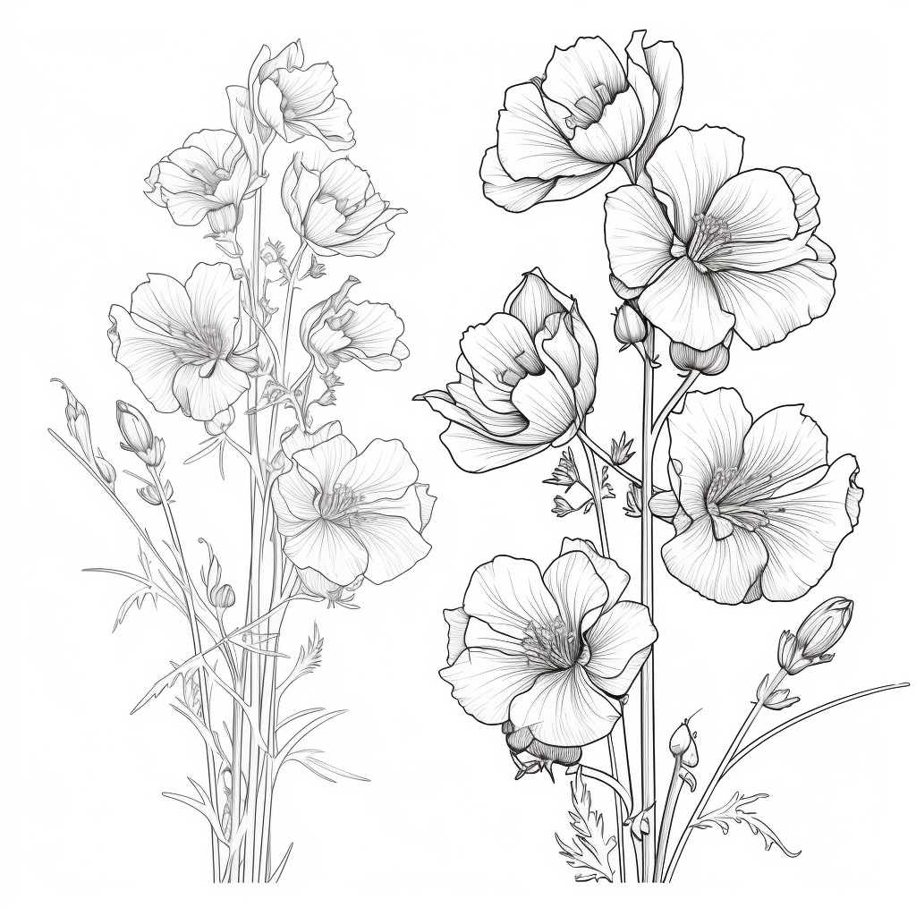 Coloring page of delphinium and cosmos flowers