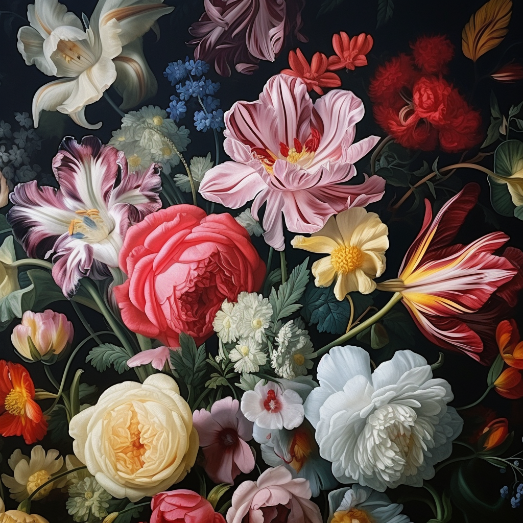 Beautiful white flowers in floral Dutch masters painting