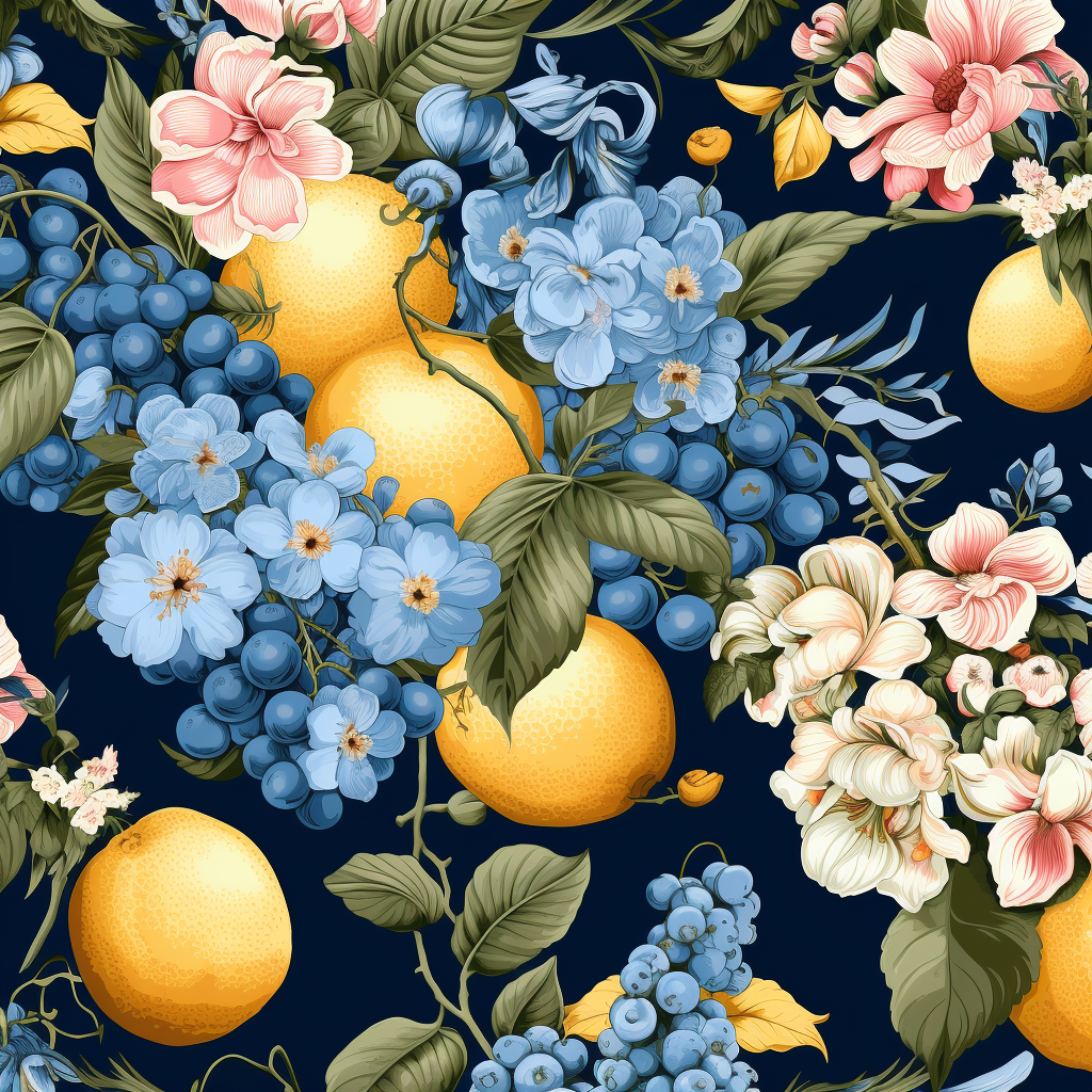 Seamless Blue Floral and Fruit Pattern