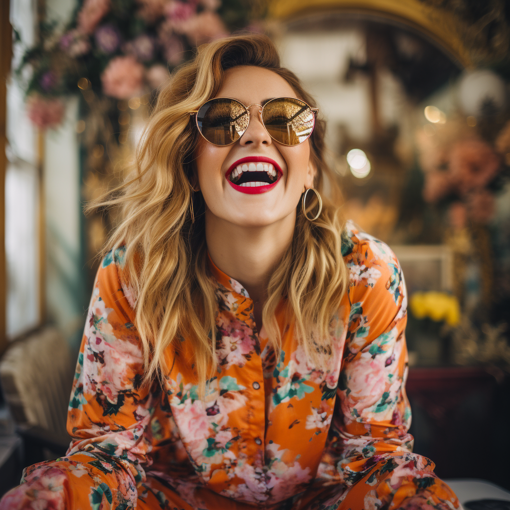 Woman in Floral Glasses Laughing