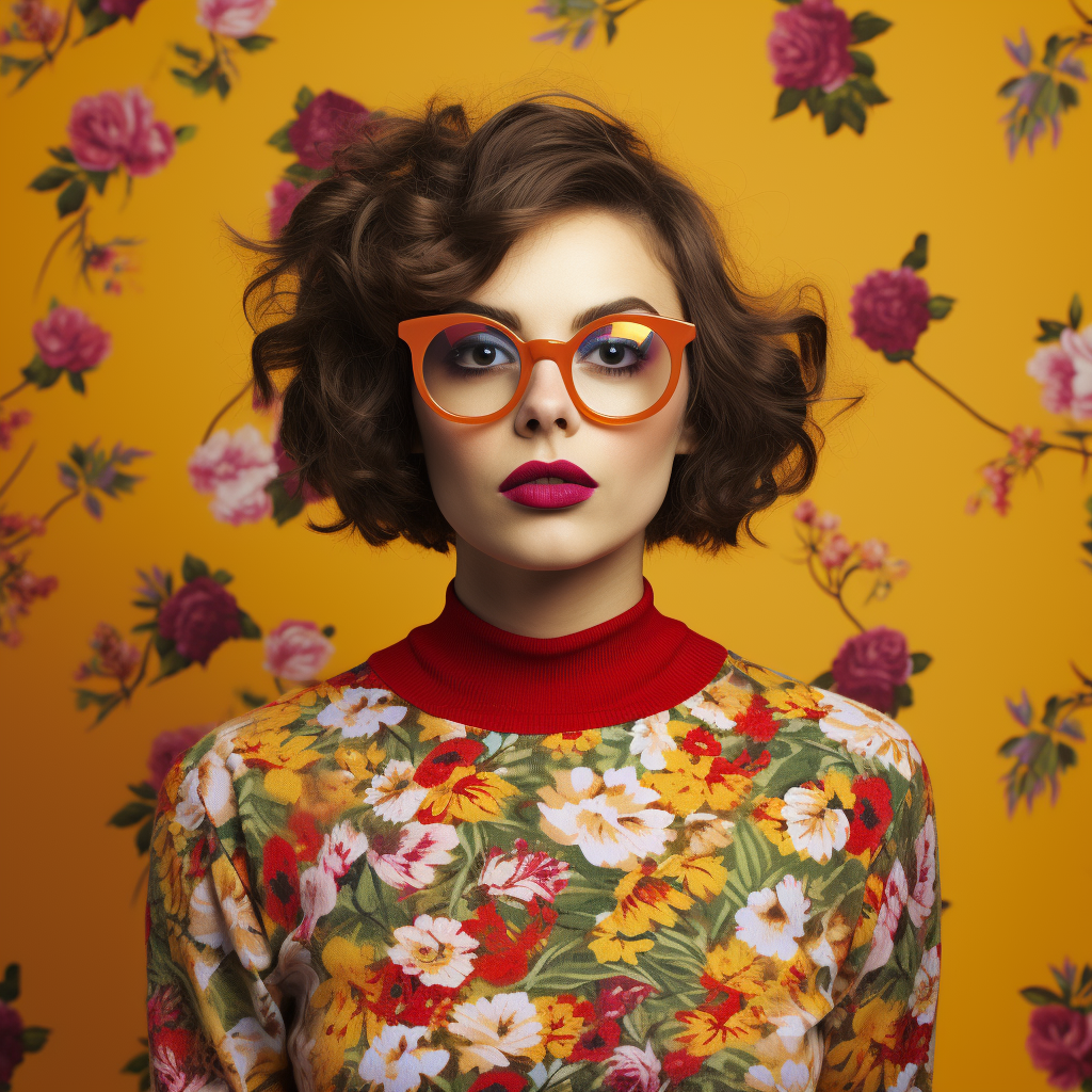 Woman in stylish floral glasses and matching jumper