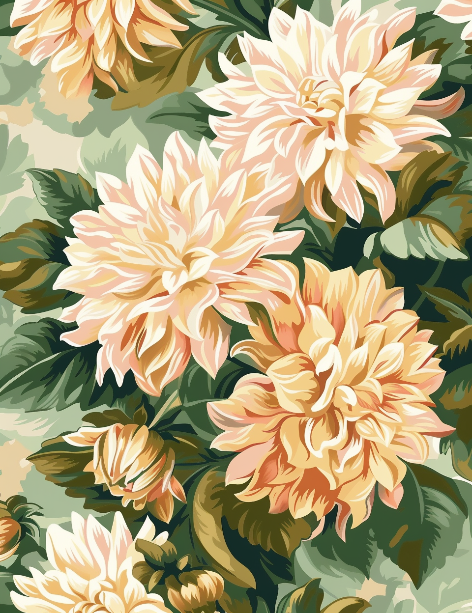 Floral Paint by Numbers Dahlias Cream Pink Yellow Leaves