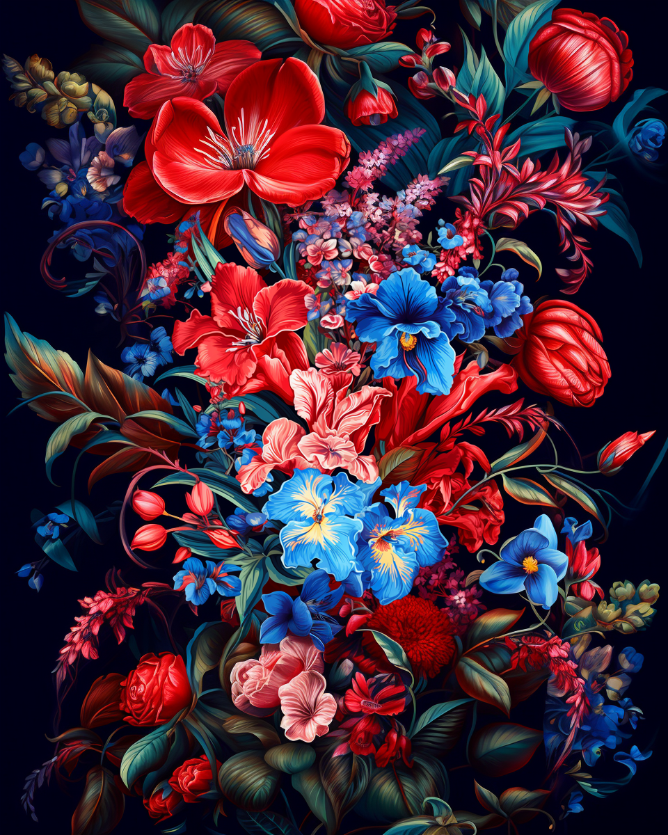 Floral pattern with vibrant red and blue Colombian flowers