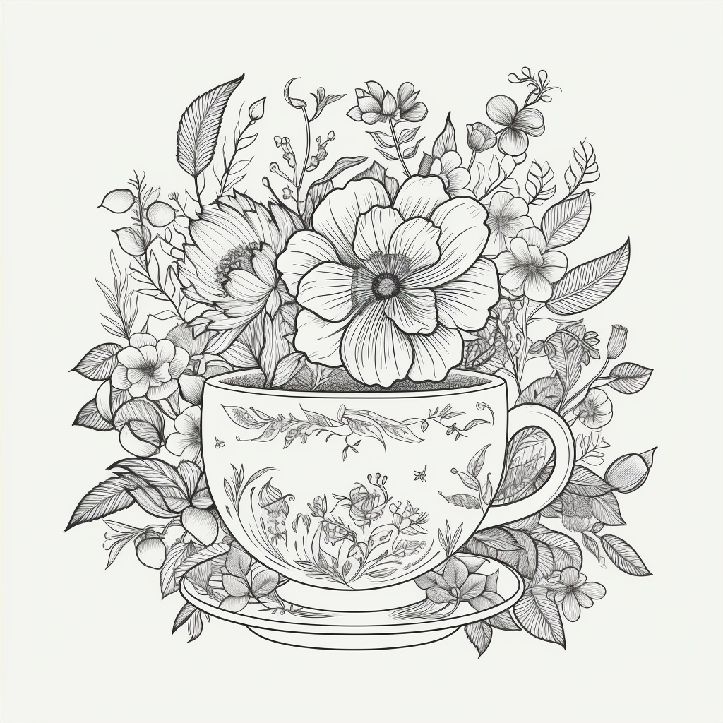 Coloring book page with floral tea cup